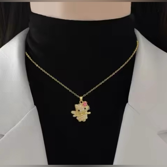 18K Gold Hello Kitty W/ Angel Wings & Flower Bow Pave Diamond Inlay Necklace - Picture 3 of 7